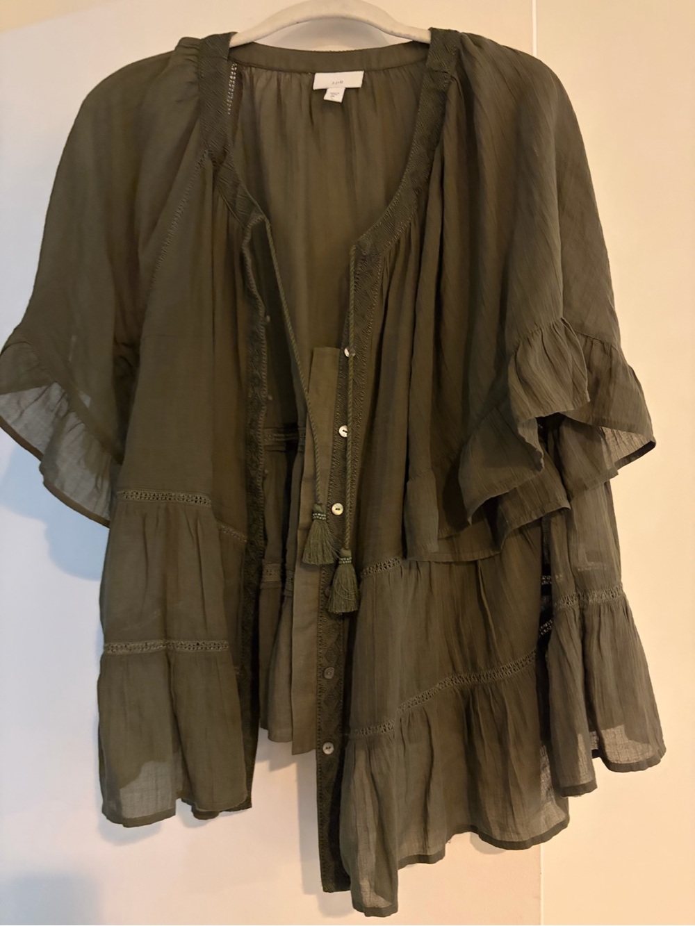 J. Jill Olive Green Ruffle Peasant Tunic with Tassel Tie